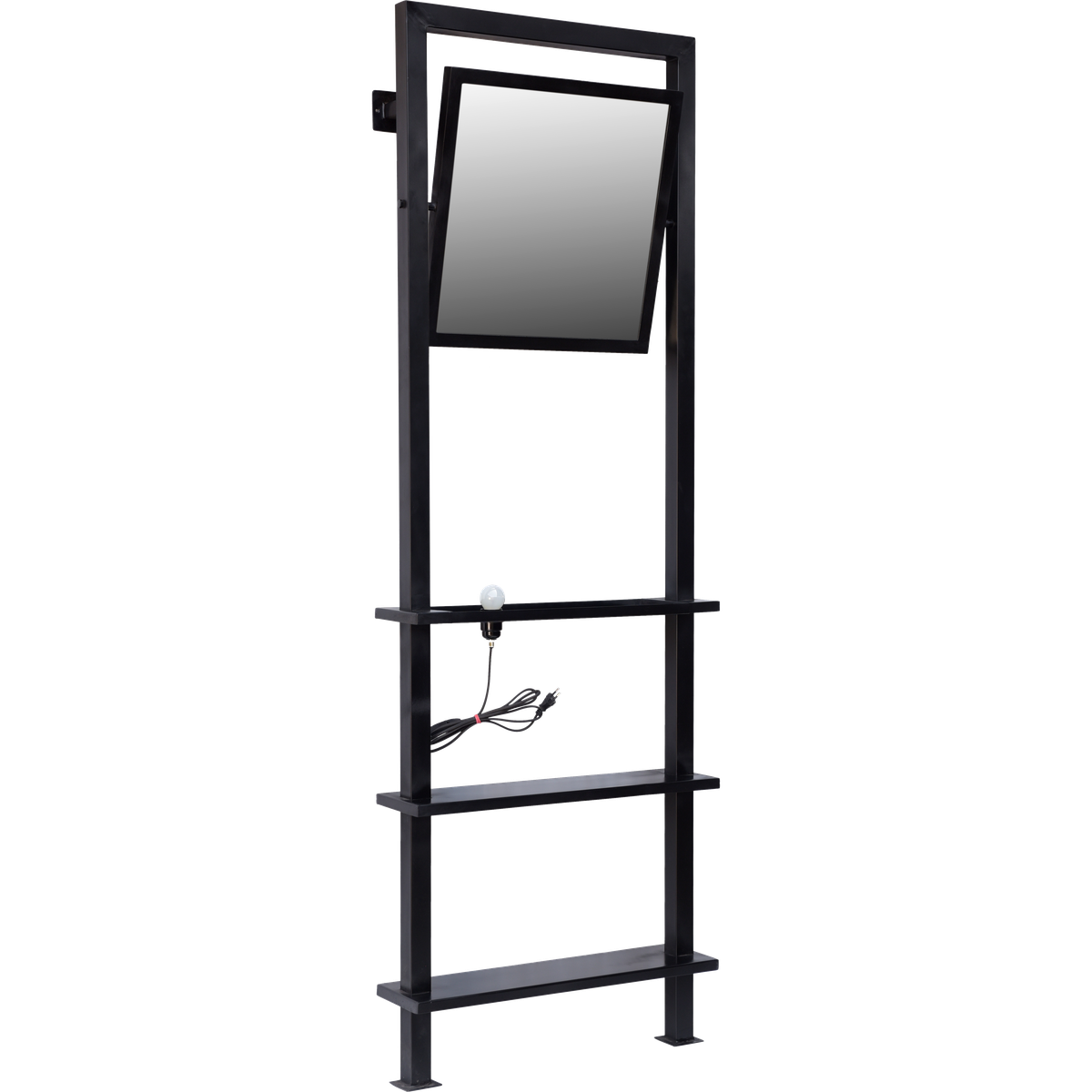 Spejl på jernramme med hylder og lampe